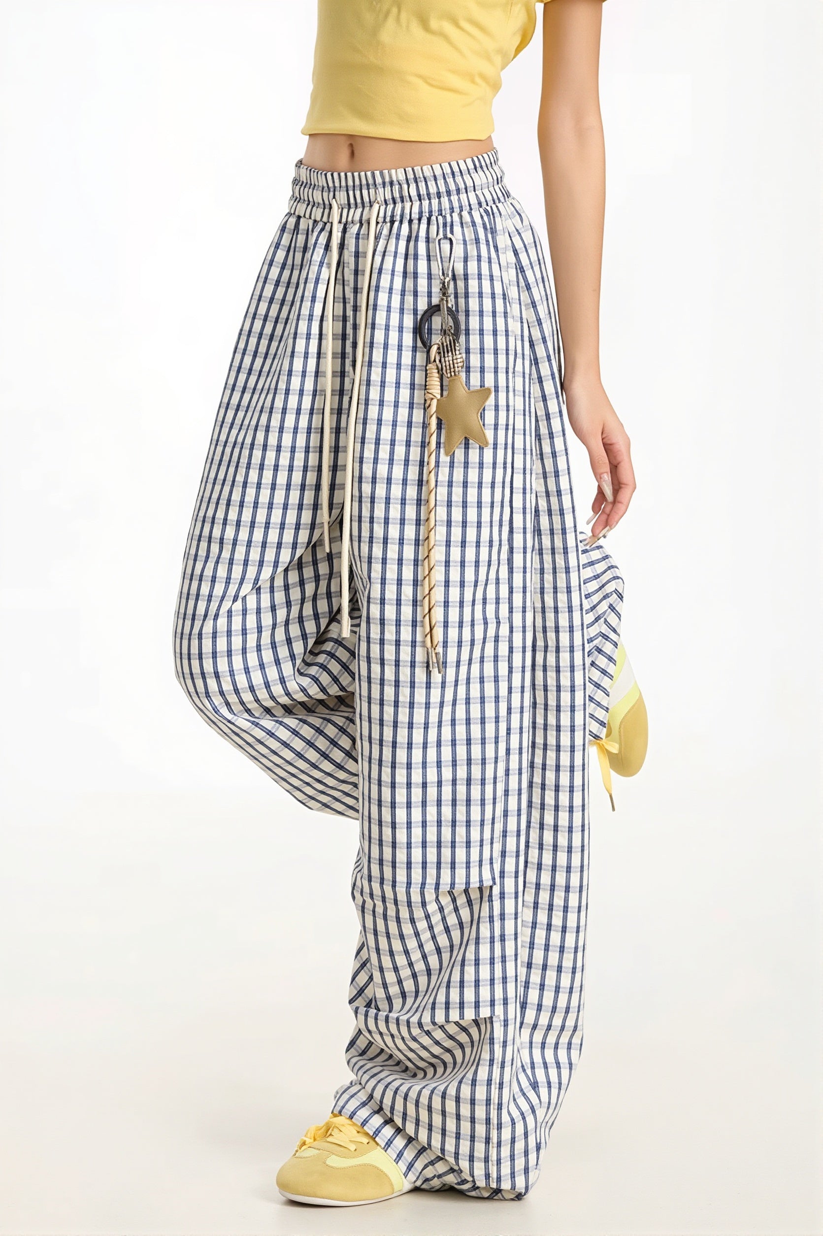 Casual Blue Plaid Curved Pants