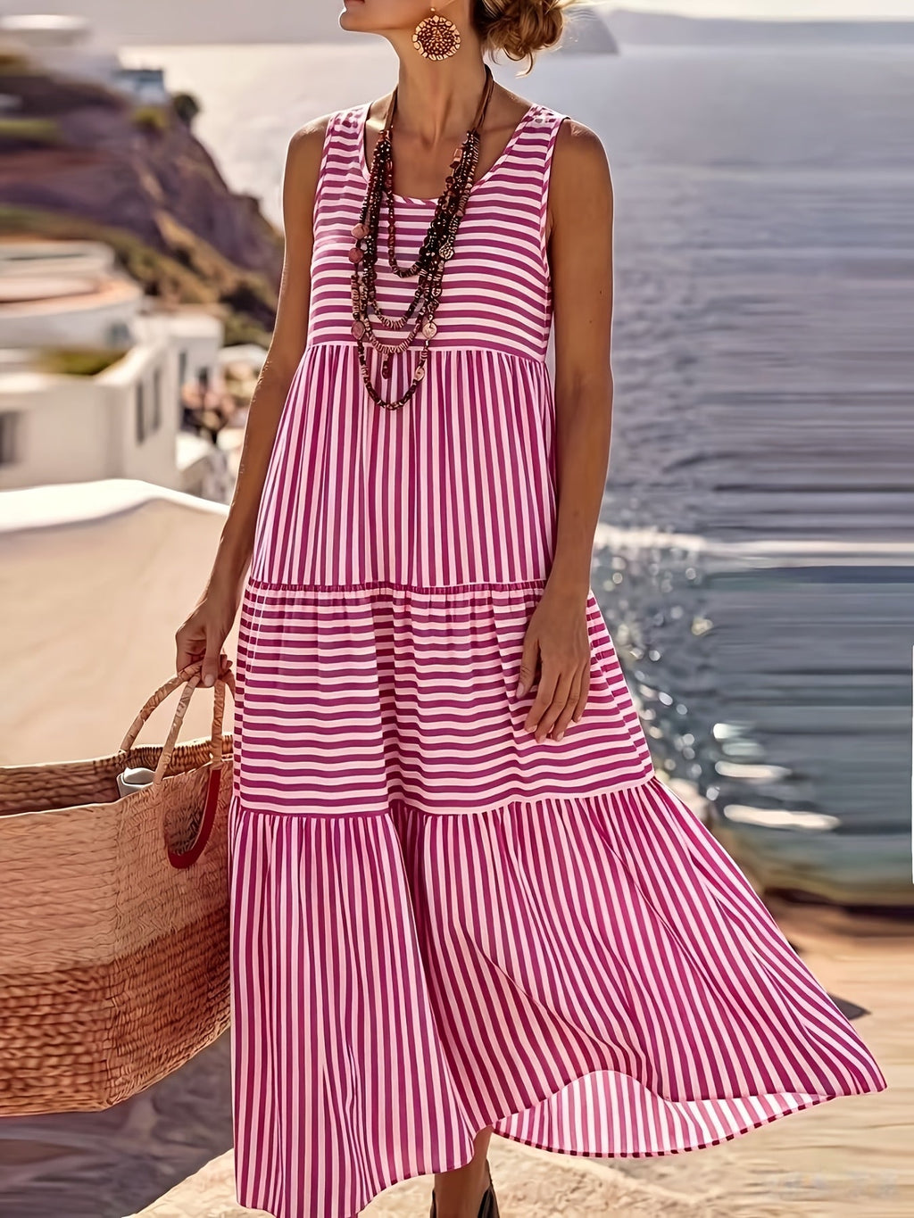 Striped Sleeveless Tiered Sundress for Vacation Style