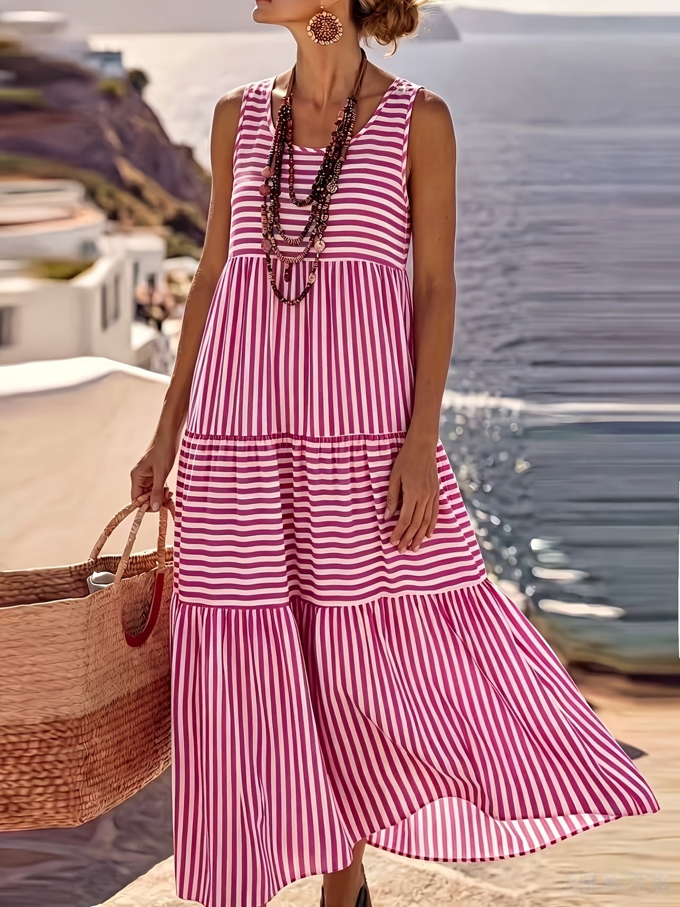 Striped Sleeveless Tiered Sundress for Vacation Style
