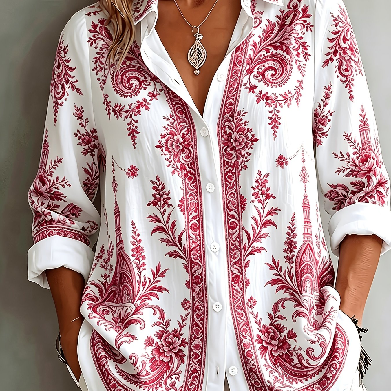 Floral Paisley Print Long Sleeve Oversized Casual Blouse