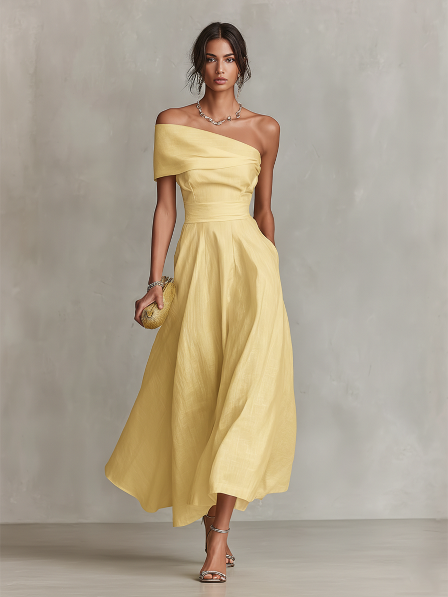 Ruched One Shoulder A Line Midi Dress - Wedding Guest