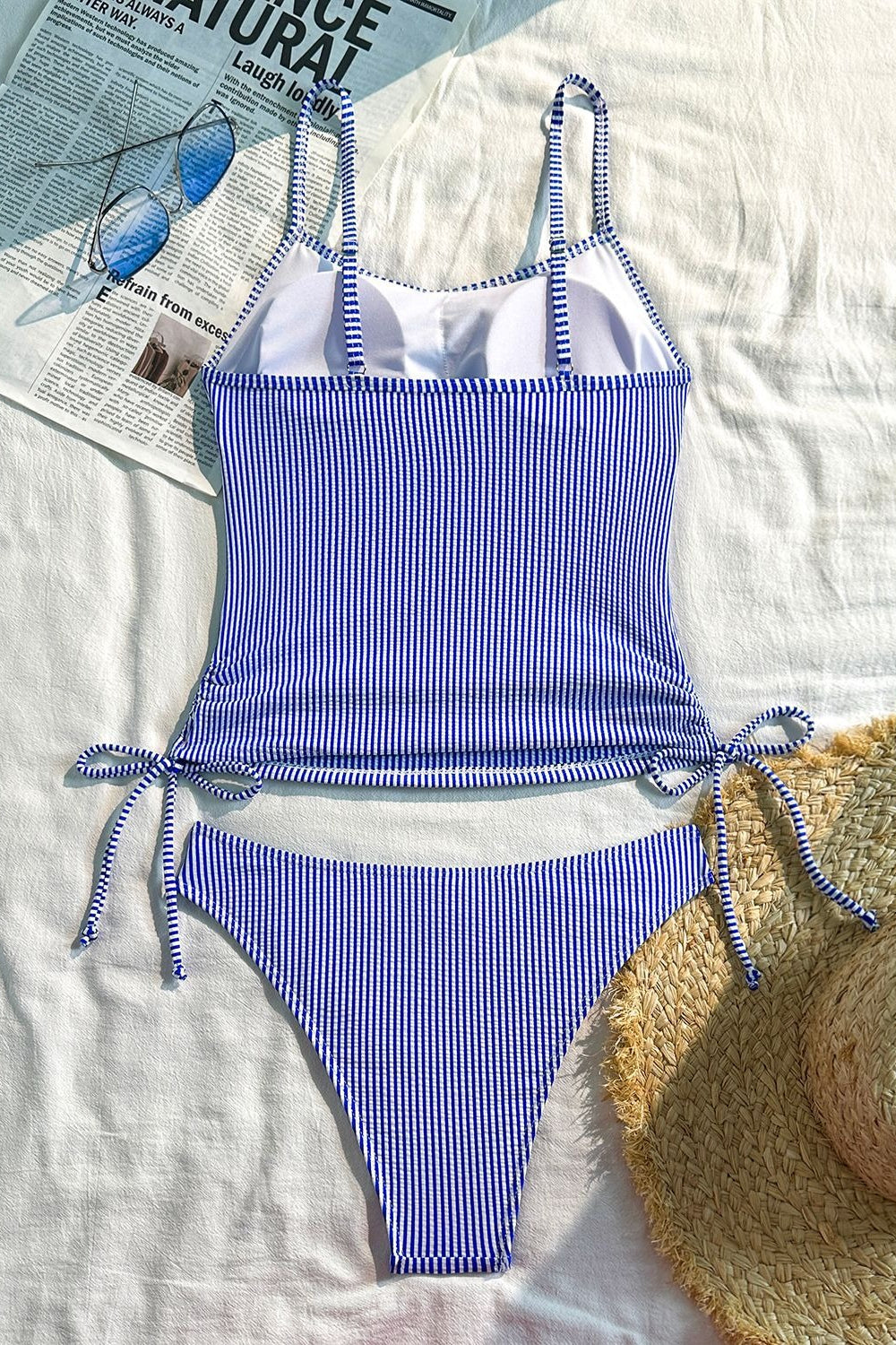 Plaid Ruched Backless Striped Two Piece Swim Set