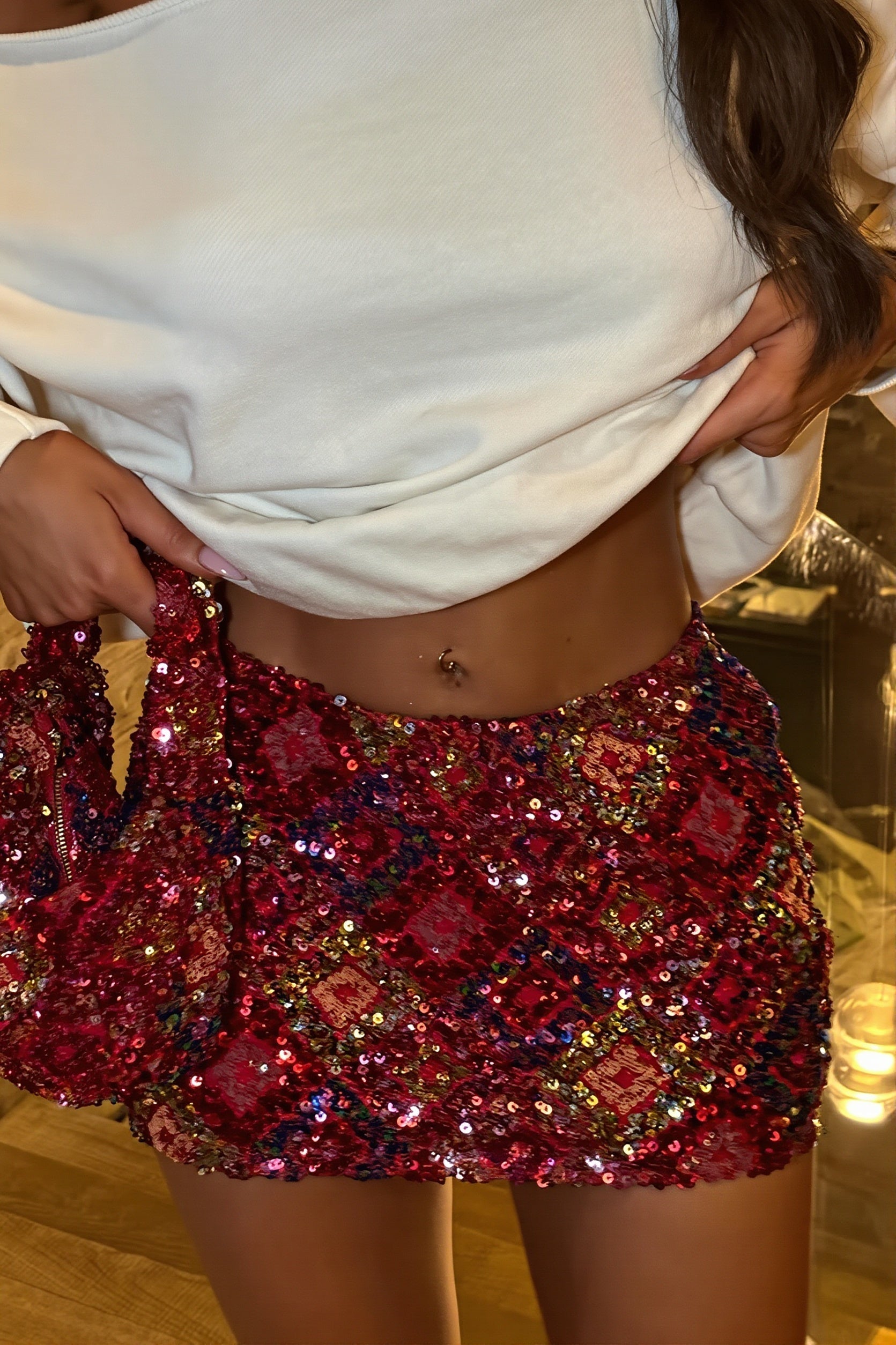 Geometric Splice Sequin Mini Skirt