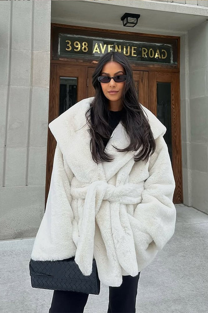 Woman wearing Belted Hooded Faux-Fur Coat from Hicosy — view 5