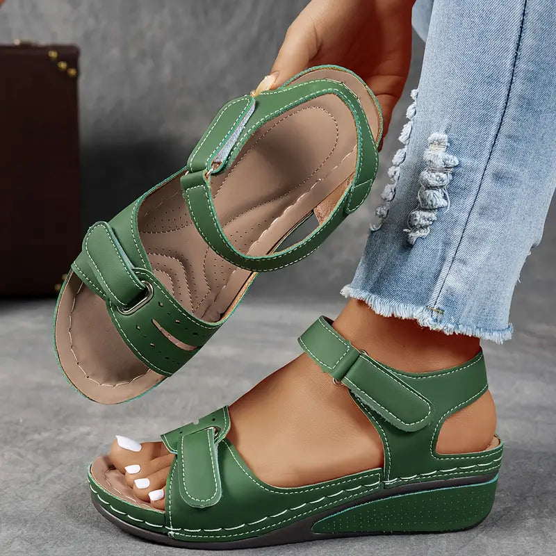 Hook Loop Strap Cushioned Wedge Casual Sandal