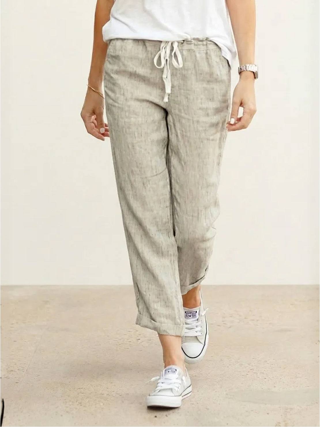 Drawstring Elasticated Waist Cuffed Hem Relaxed Linen Pant
