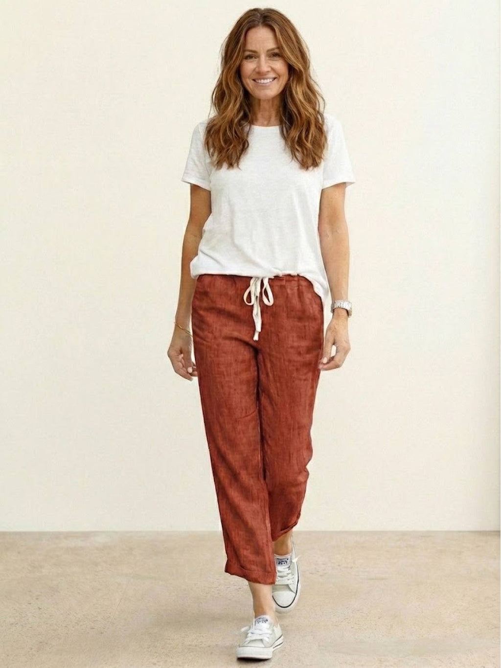 Drawstring Elasticated Waist Cuffed Hem Relaxed Linen Pant