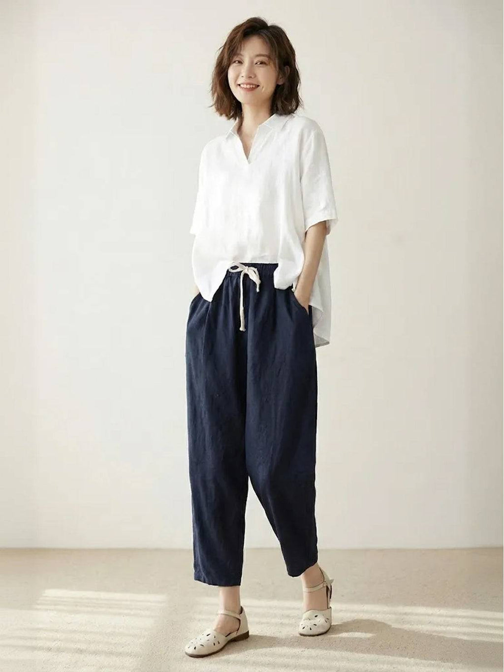 Drawstring Elasticated Waist Cuffed Hem Relaxed Linen Pant