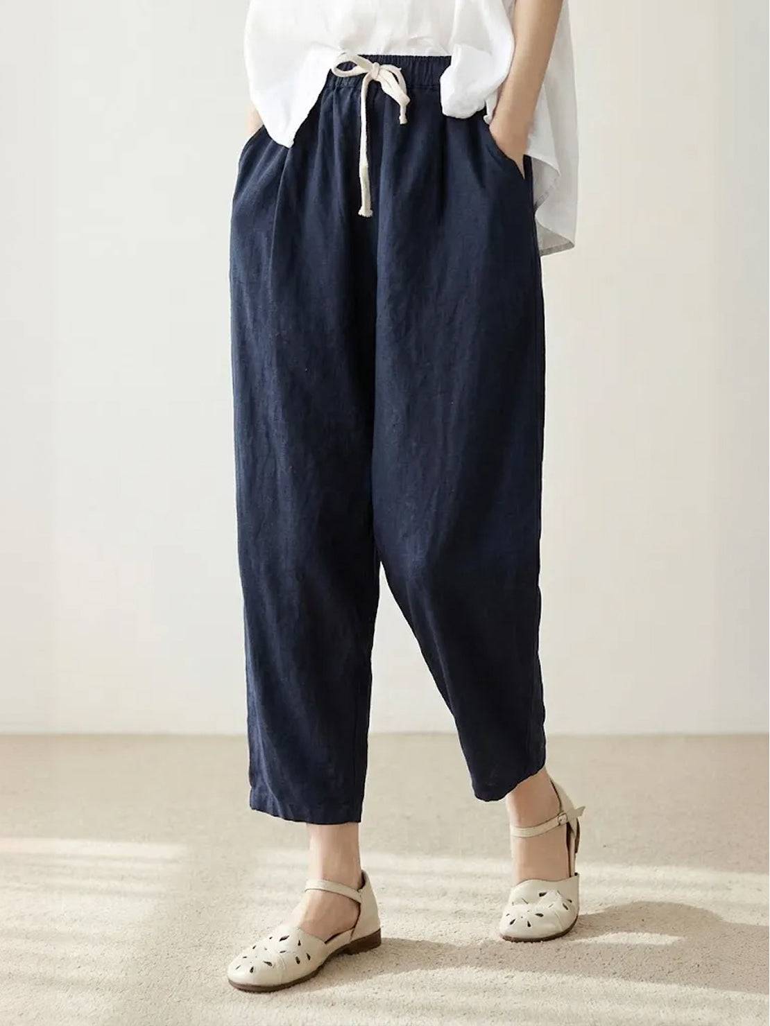Drawstring Elasticated Waist Cuffed Hem Relaxed Linen Pant