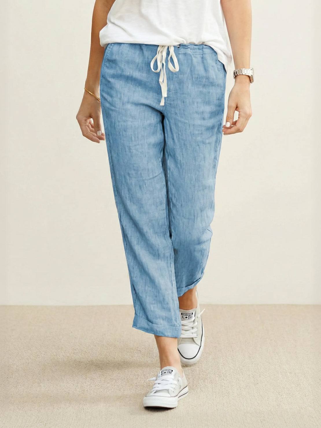 Drawstring Elasticated Waist Cuffed Hem Relaxed Linen Pant