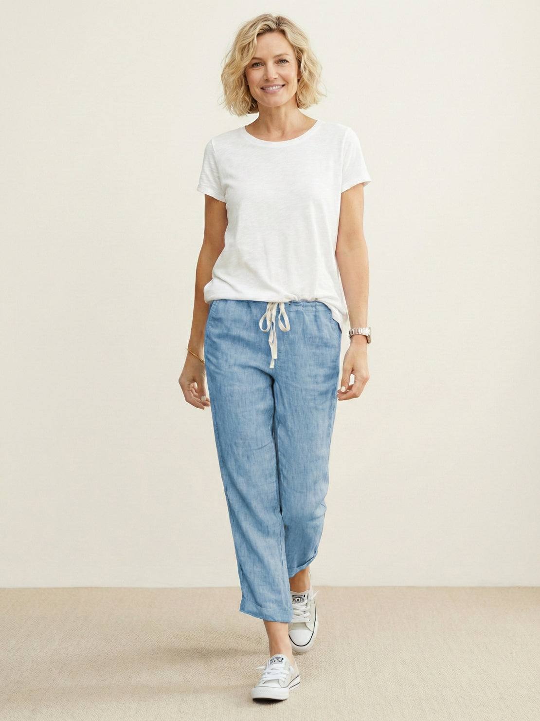Drawstring Elasticated Waist Cuffed Hem Relaxed Linen Pant