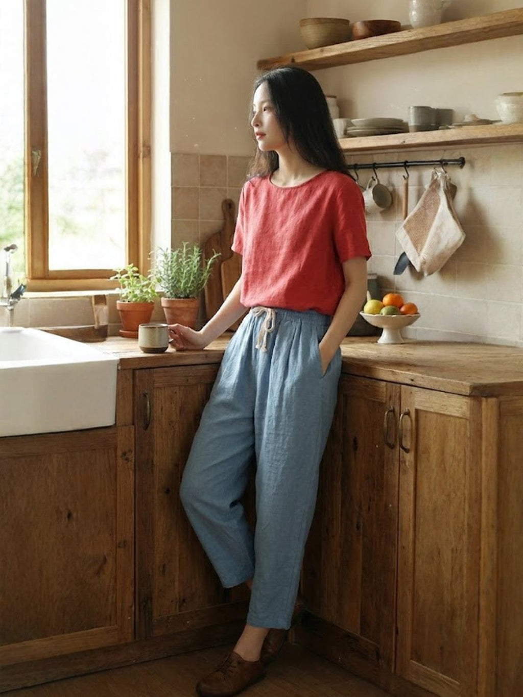Drawstring Elasticated Waist Cuffed Hem Relaxed Linen Pant