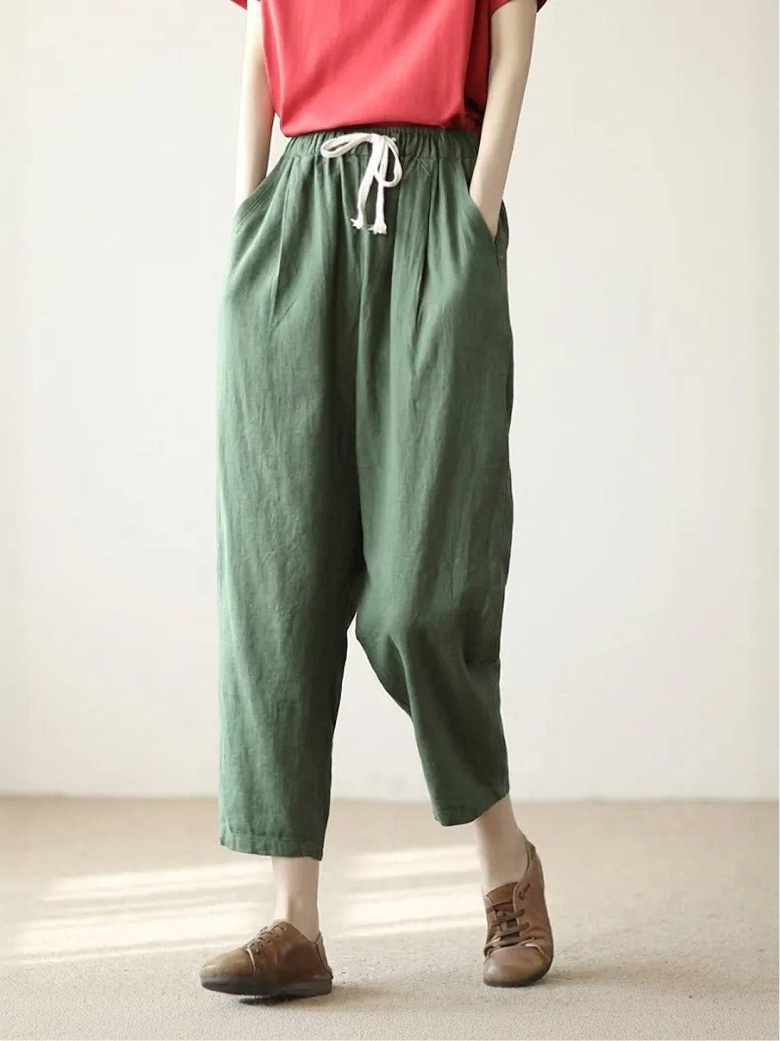 Drawstring Elasticated Waist Cuffed Hem Relaxed Linen Pant