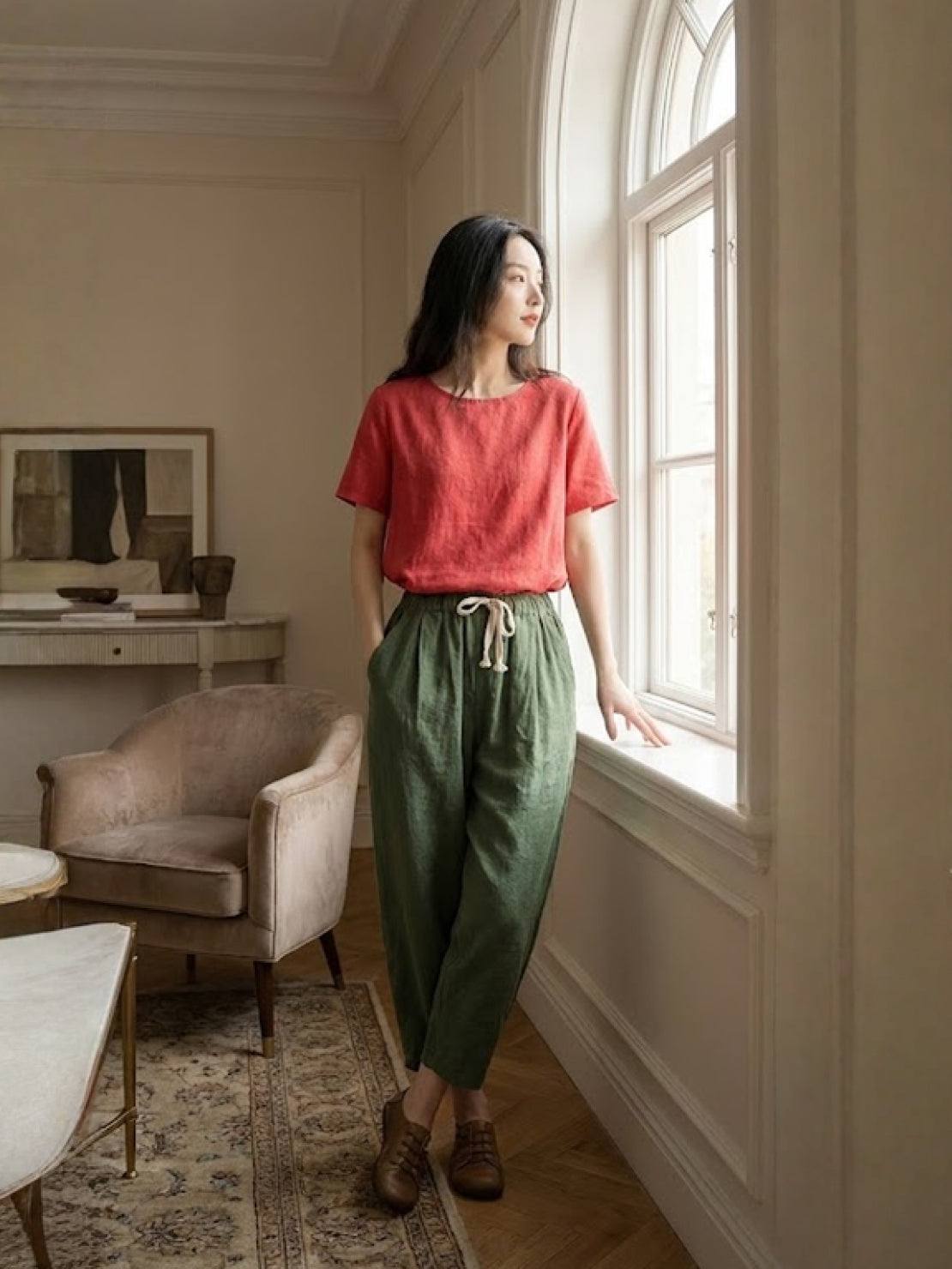 Drawstring Elasticated Waist Cuffed Hem Relaxed Linen Pant