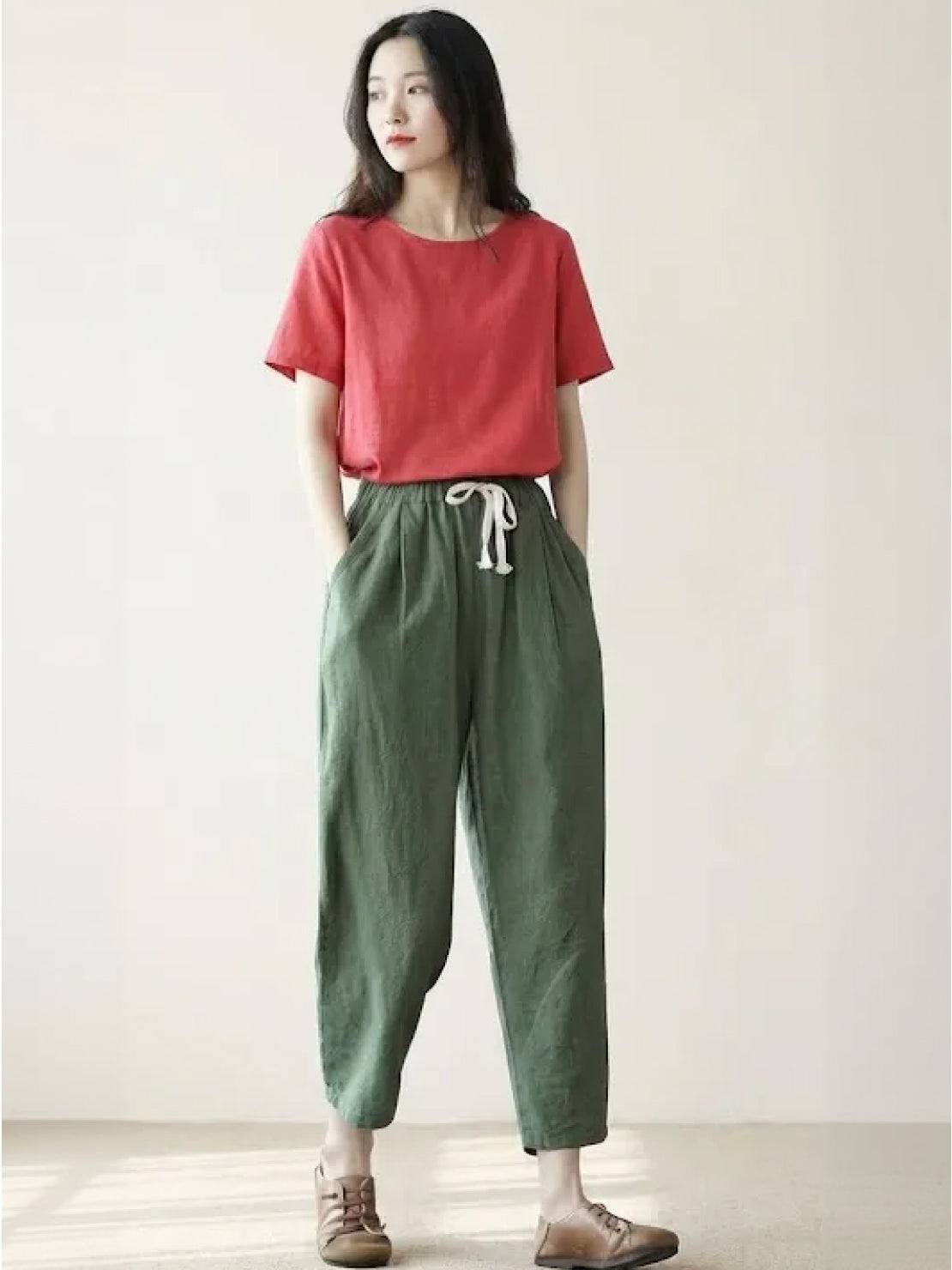 Drawstring Elasticated Waist Cuffed Hem Relaxed Linen Pant