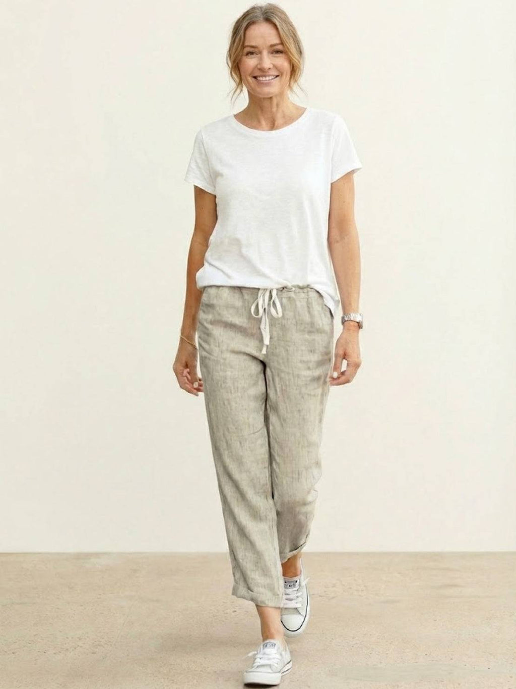 Drawstring Elasticated Waist Cuffed Hem Relaxed Linen Pant