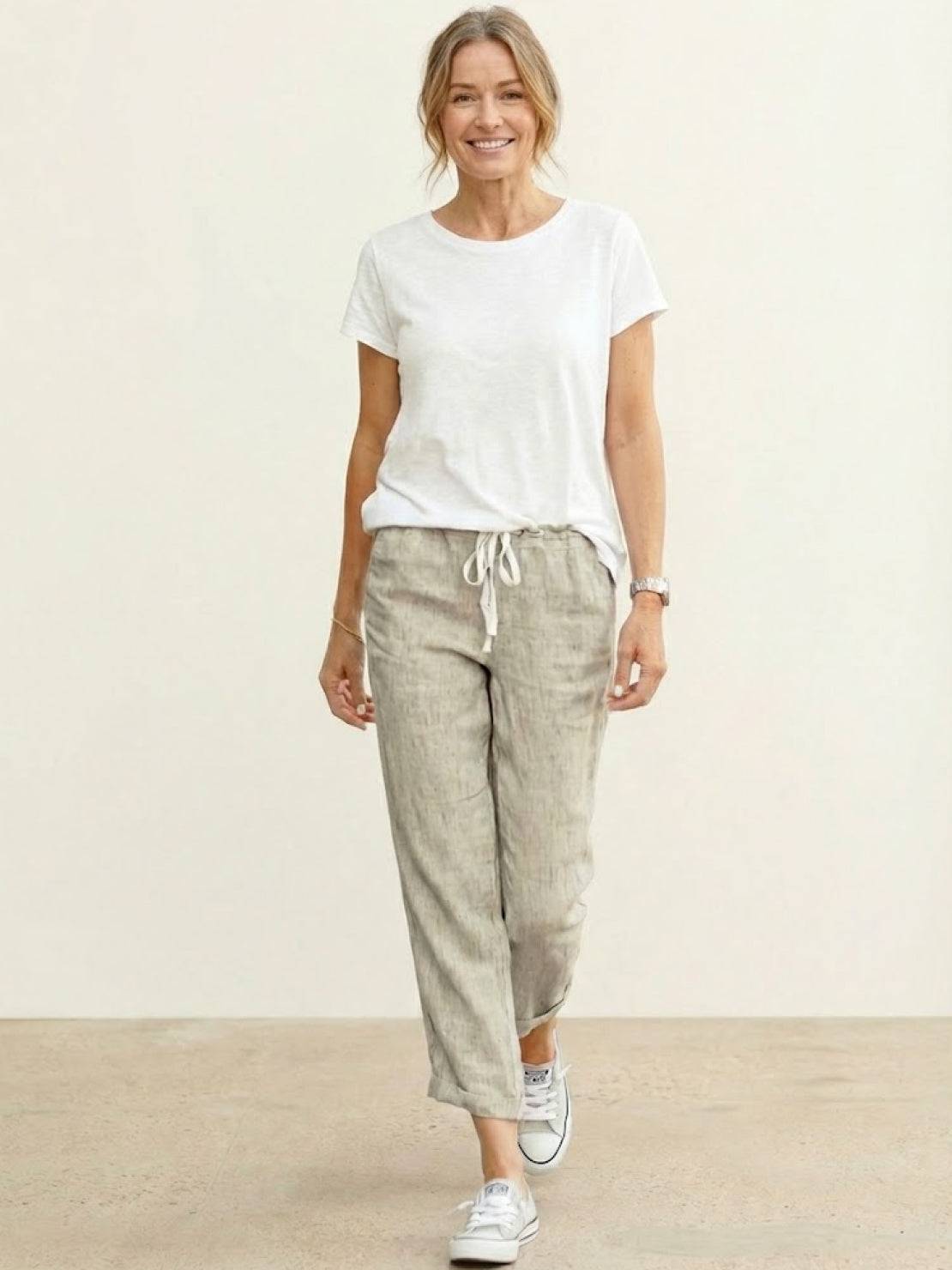 Drawstring Elasticated Waist Cuffed Hem Relaxed Linen Pant