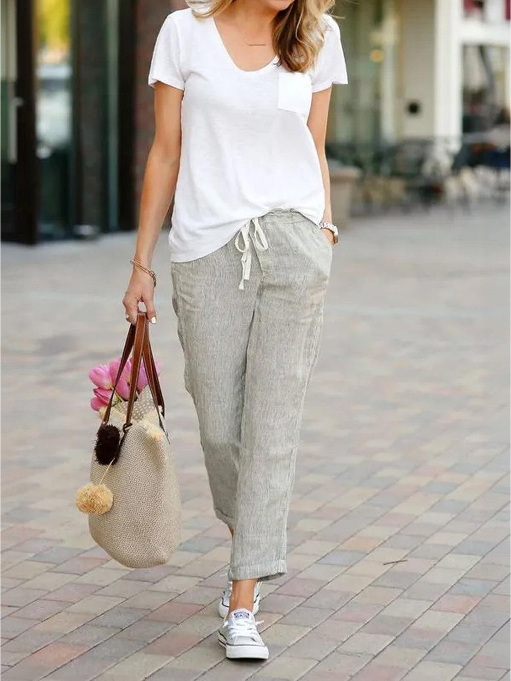Drawstring Elasticated Waist Cuffed Hem Relaxed Linen Pant