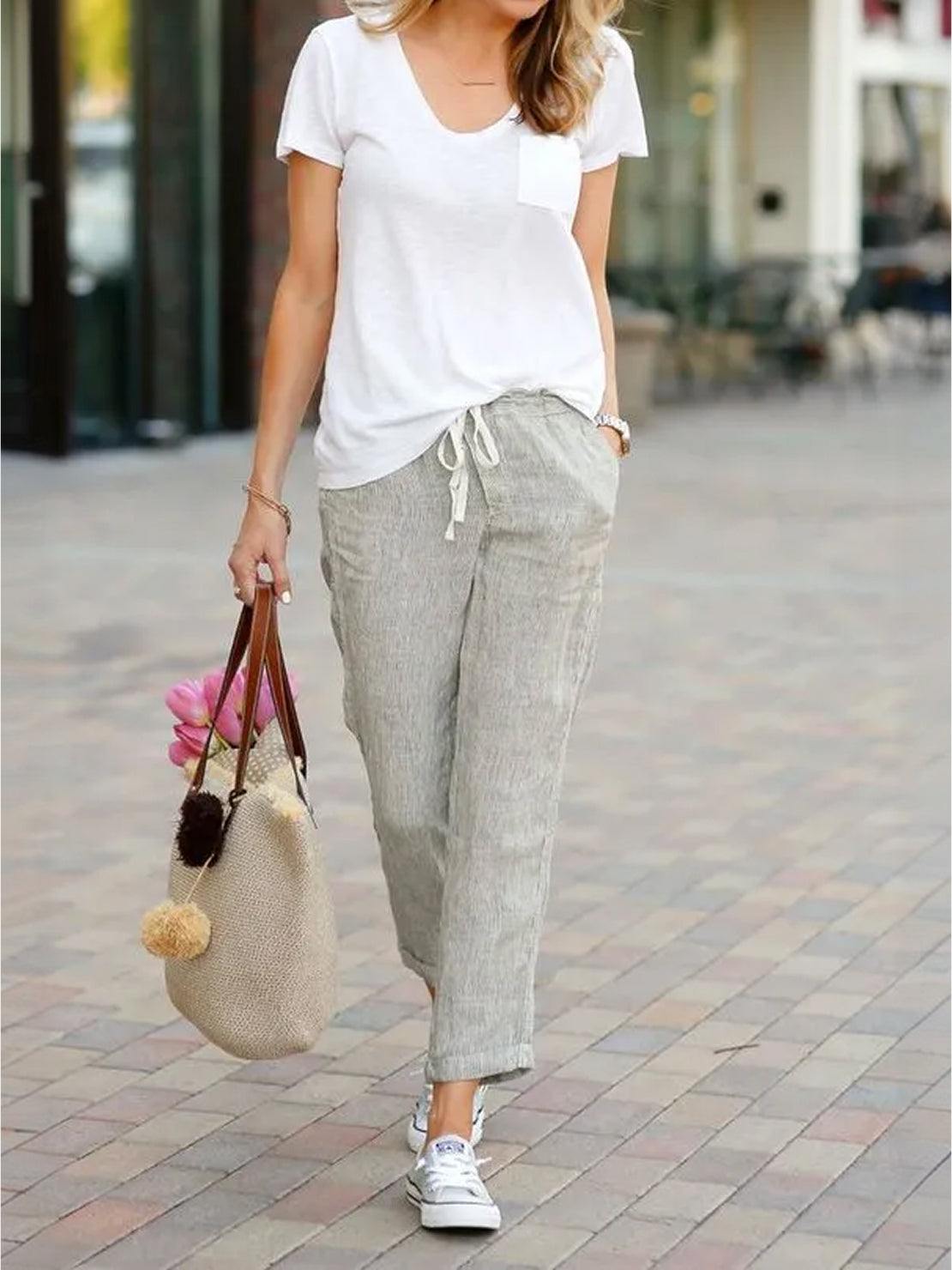 Drawstring Elasticated Waist Cuffed Hem Relaxed Linen Pant