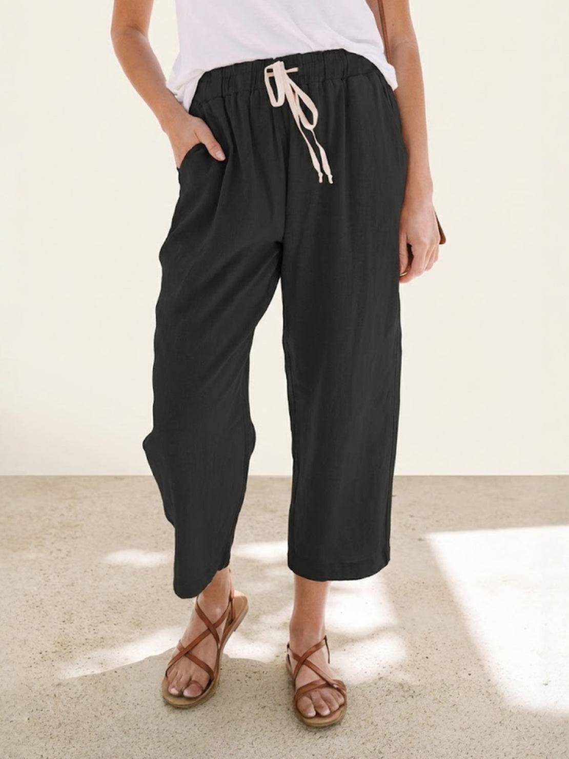 Drawstring Elasticated Waist Cuffed Hem Relaxed Linen Pant