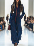 Contrast Stitch Zip Front Long Sleeve Wide Leg Denim Jumpsuit