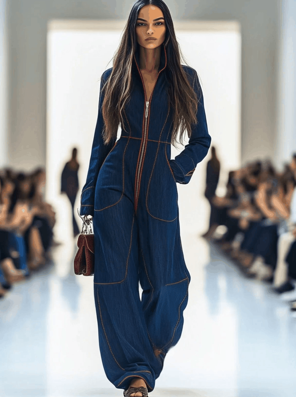Contrast Stitch Zip Front Long Sleeve Wide Leg Denim Jumpsuit