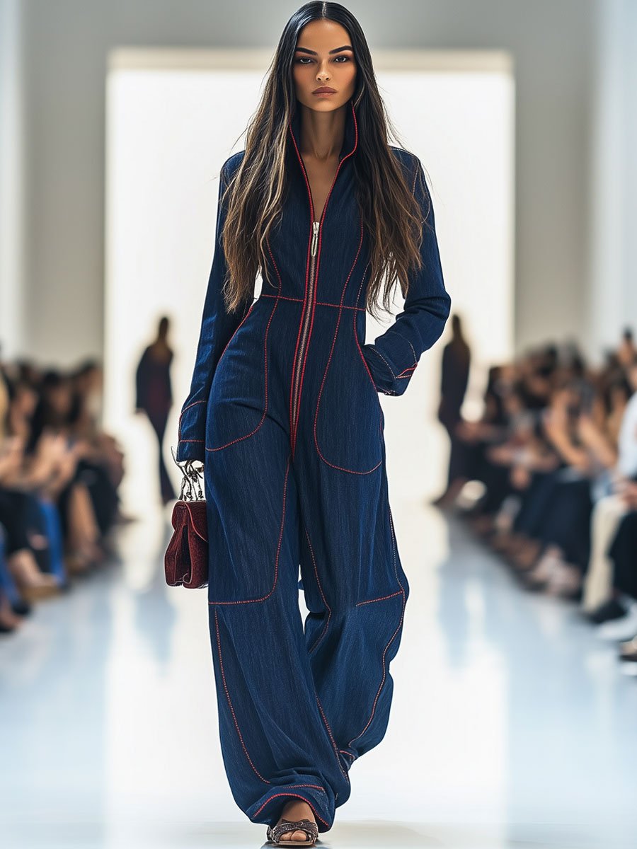 Contrast Stitch Zip Front Long Sleeve Wide Leg Denim Jumpsuit