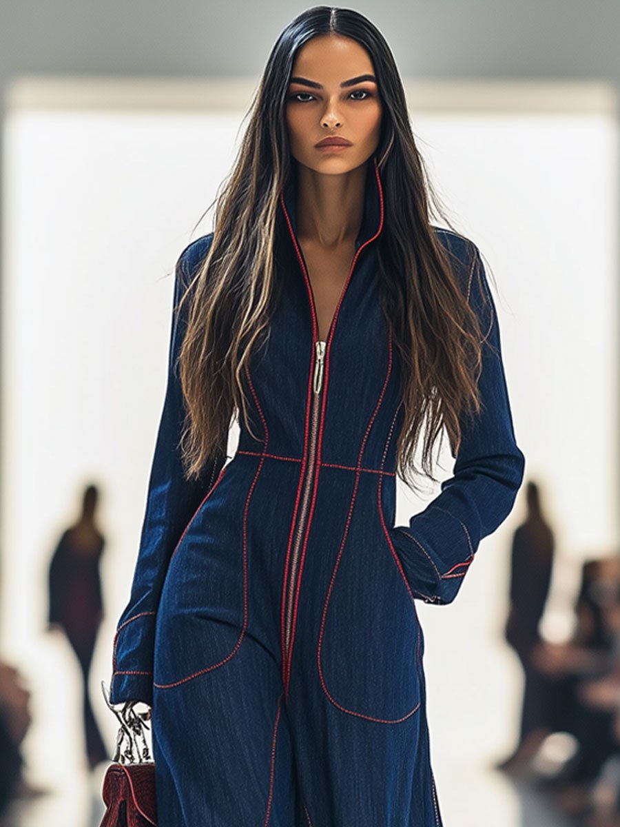 Contrast Stitch Zip Front Long Sleeve Wide Leg Denim Jumpsuit