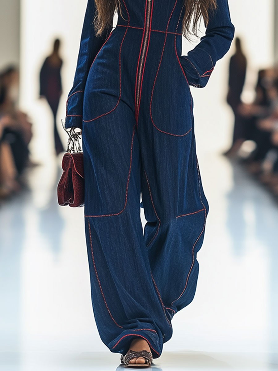 Contrast Stitch Zip Front Long Sleeve Wide Leg Denim Jumpsuit