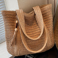 Woven Straw Tote Bag with Fringe Tassel Detail