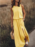 Sleeveless Crew Neck Elasticated Waist Side Slit Casual Maxi Dress