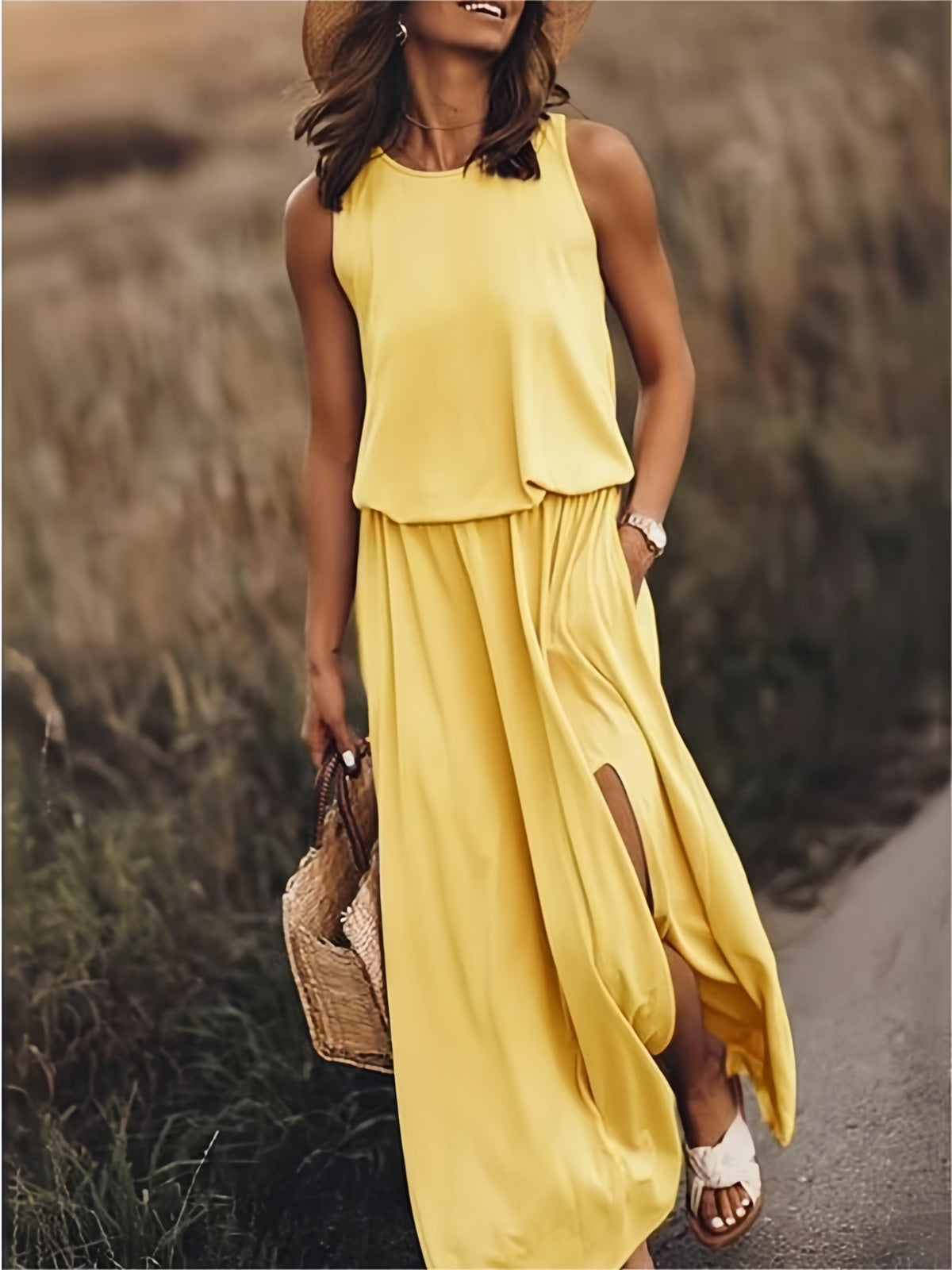 Sleeveless Crew Neck Elasticated Waist Side Slit Casual Maxi Dress