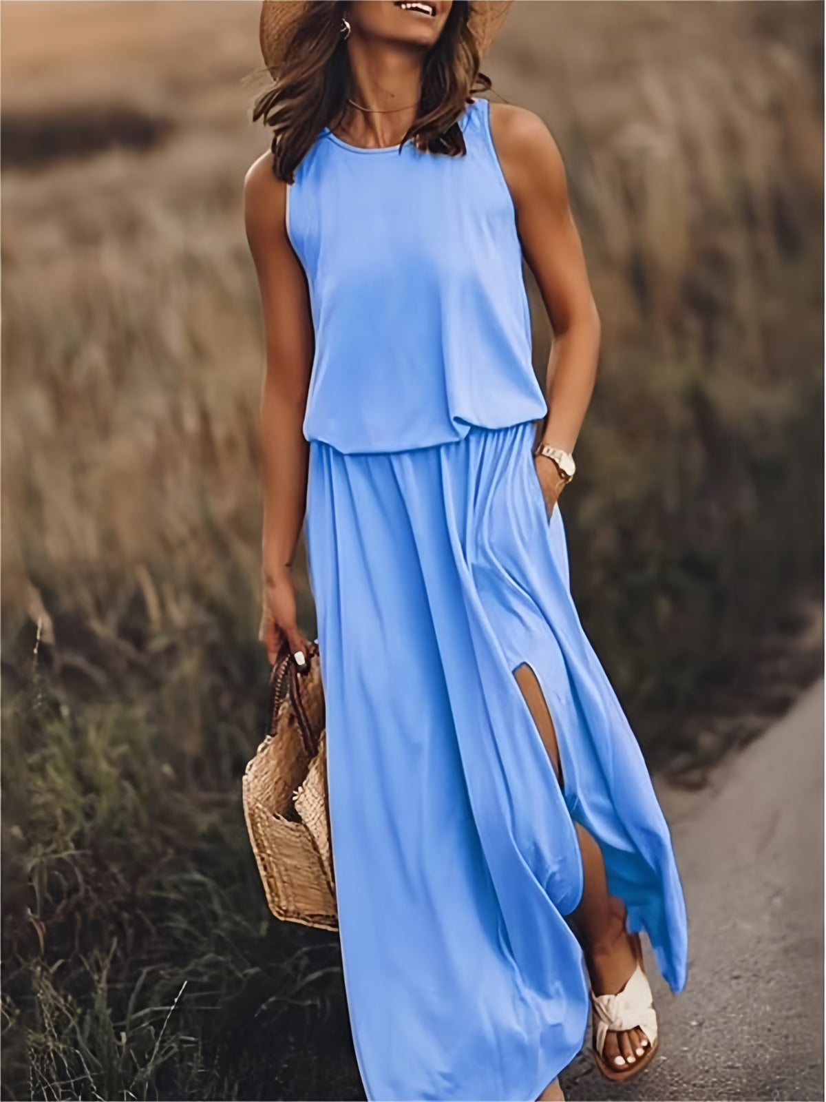 Sleeveless Crew Neck Elasticated Waist Side Slit Casual Maxi Dress