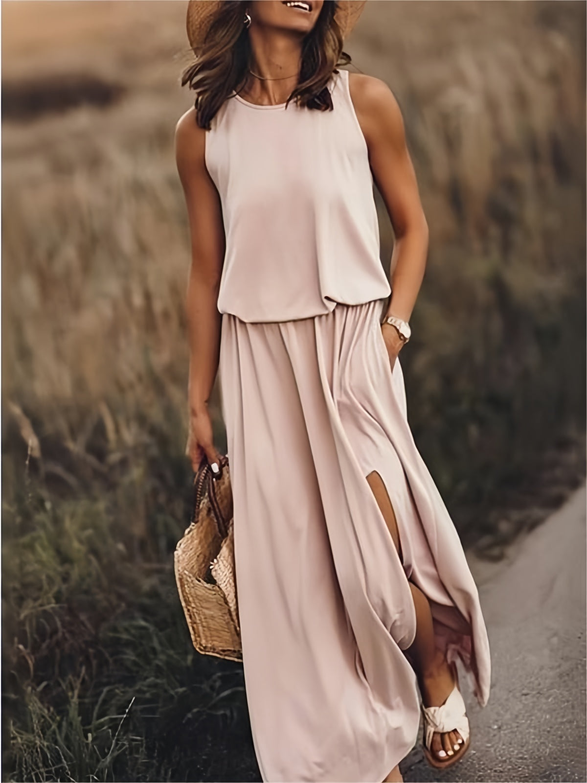 Sleeveless Crew Neck Elasticated Waist Side Slit Casual Maxi Dress