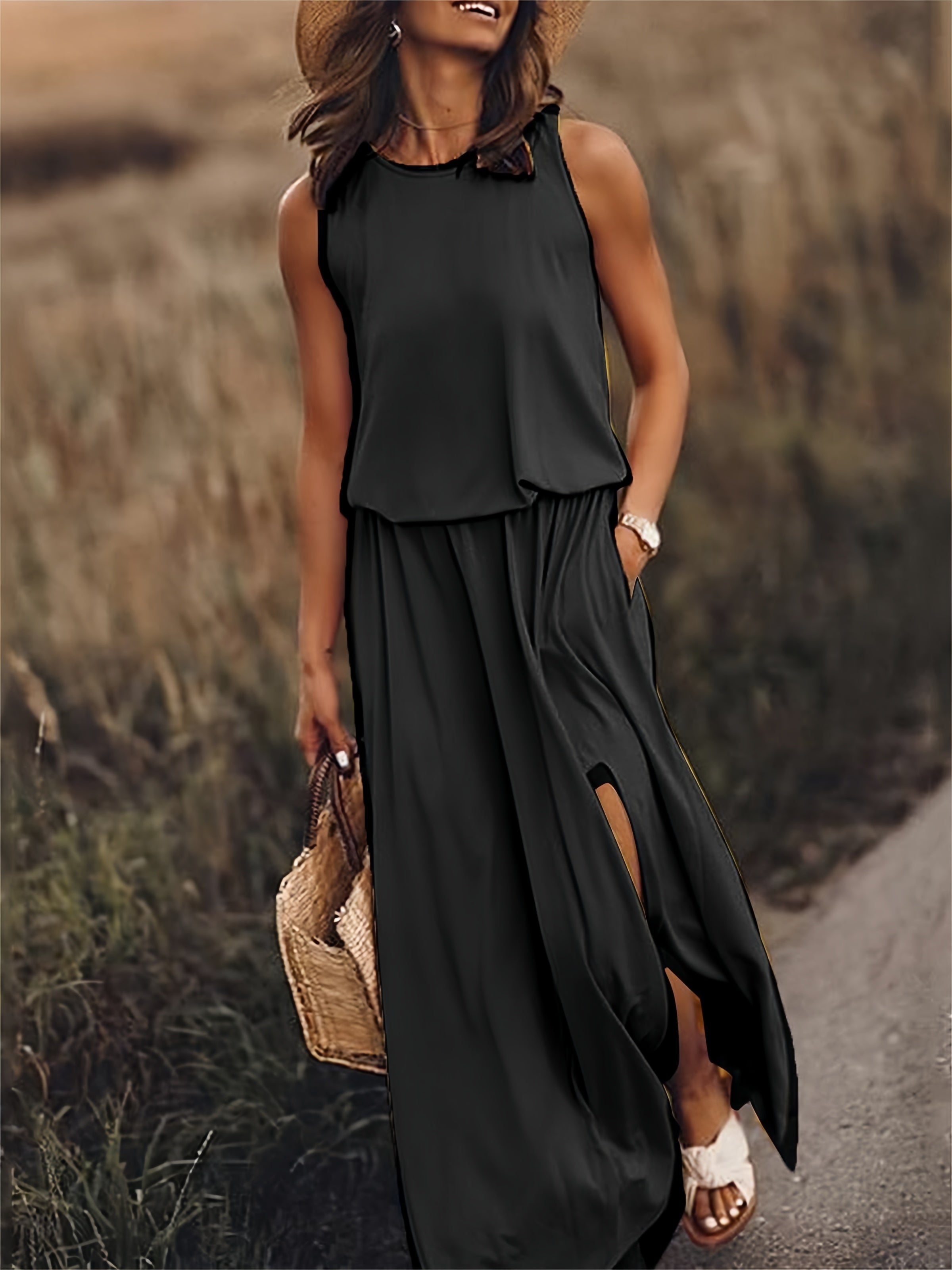 Sleeveless Crew Neck Elasticated Waist Side Slit Casual Maxi Dress