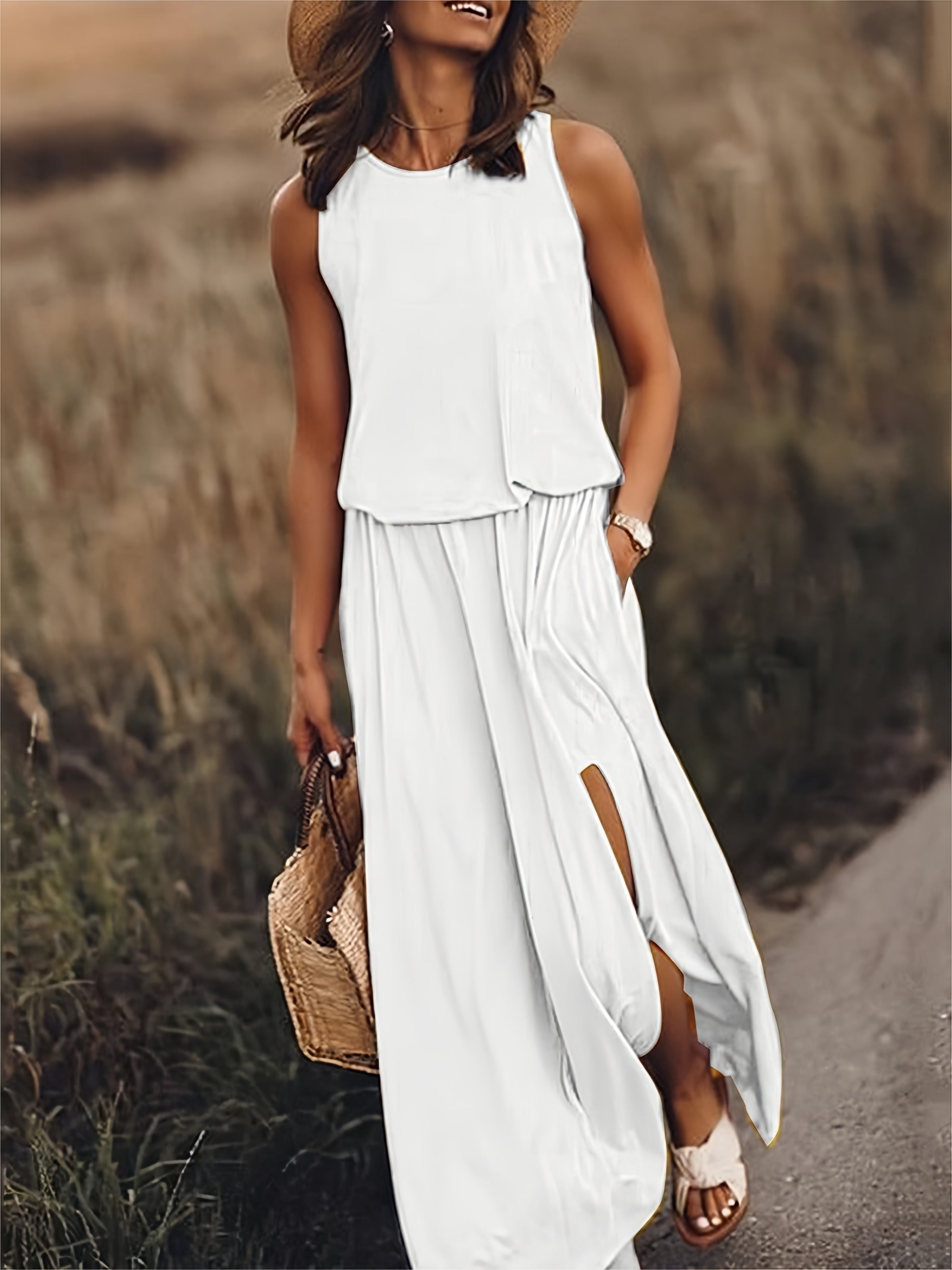Sleeveless Crew Neck Elasticated Waist Side Slit Casual Maxi Dress