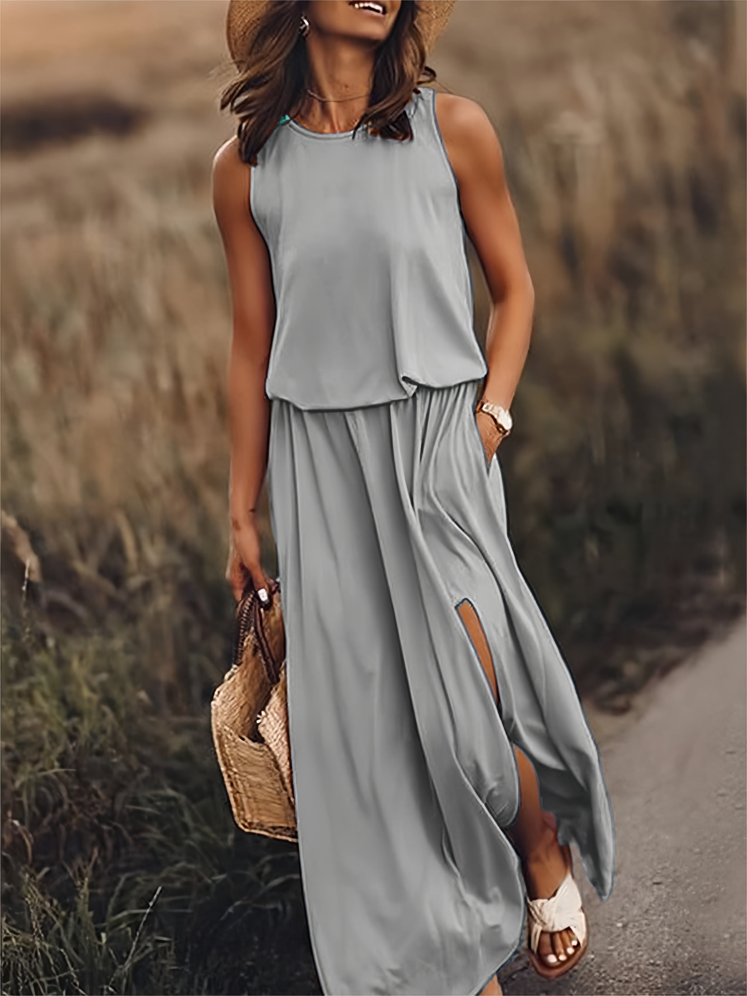Sleeveless Crew Neck Elasticated Waist Side Slit Casual Maxi Dress