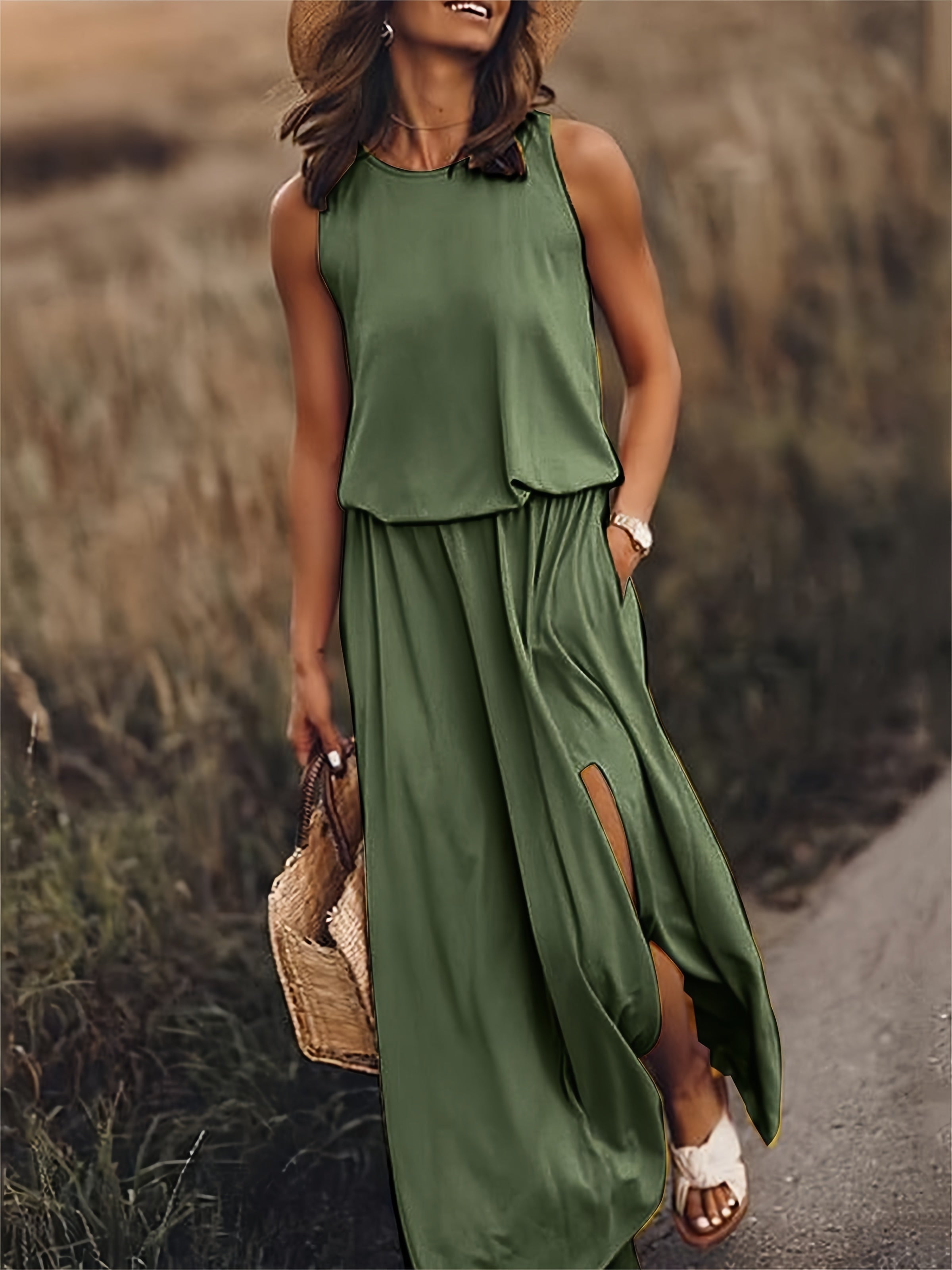 Sleeveless Crew Neck Elasticated Waist Side Slit Casual Maxi Dress
