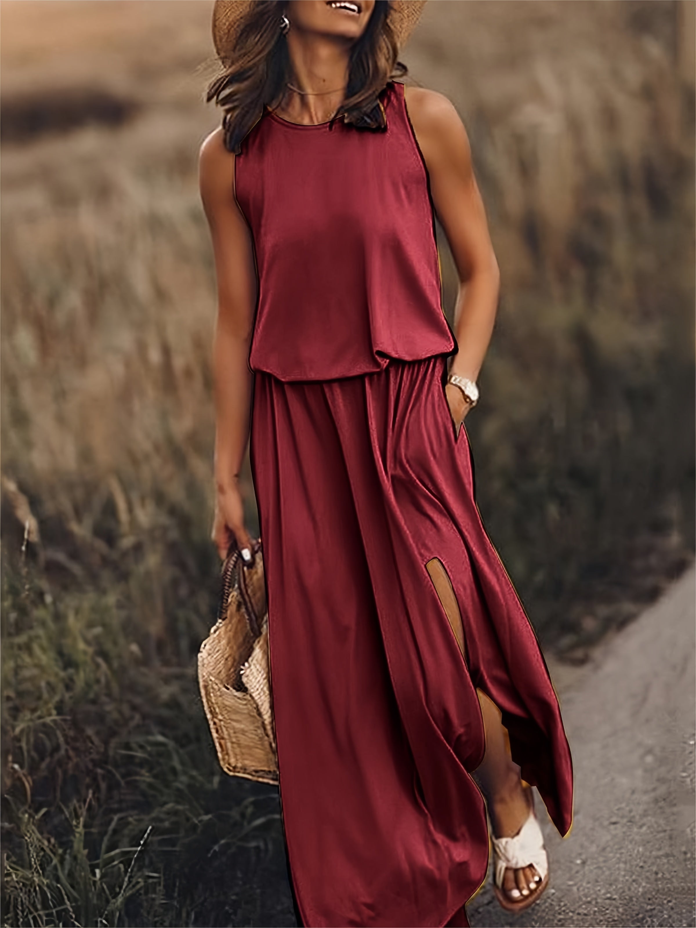 Sleeveless Crew Neck Elasticated Waist Side Slit Casual Maxi Dress