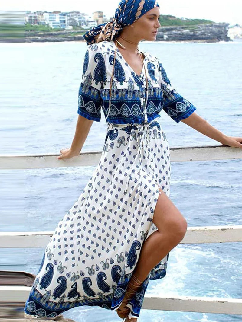 Cotton Kimono Flower Printed Bohemian Beach Cover Up