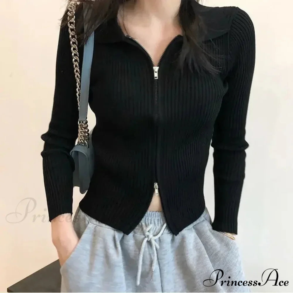Fitted Polo Collar Dual-Zip Knitted Cardigan