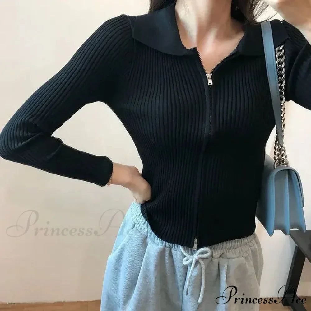 Fitted Polo Collar Dual-Zip Knitted Cardigan