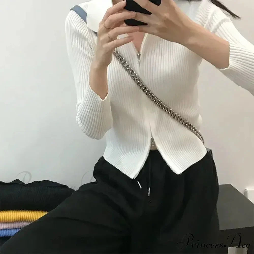 Fitted Polo Collar Dual-Zip Knitted Cardigan