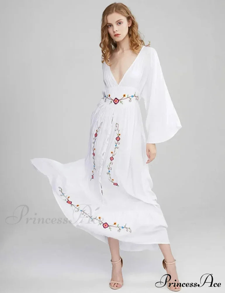 Flare Extended Sleeve Low-cut Cotton Dress