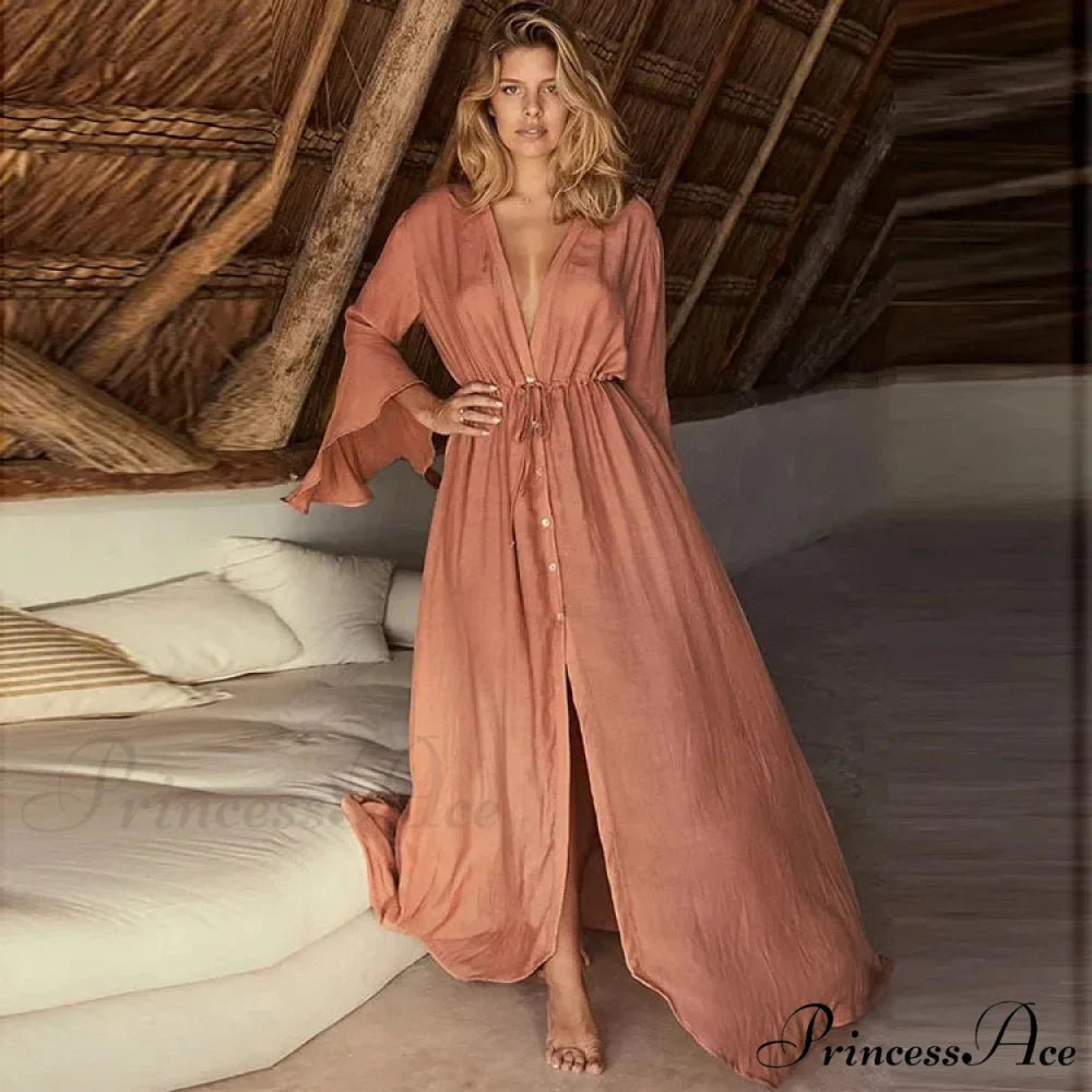 Flare Sleeve Ivory Plunging Neckline Boho Bikini Cover up