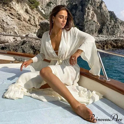 Flare Sleeve Ivory Plunging Neckline Boho Bikini Cover up