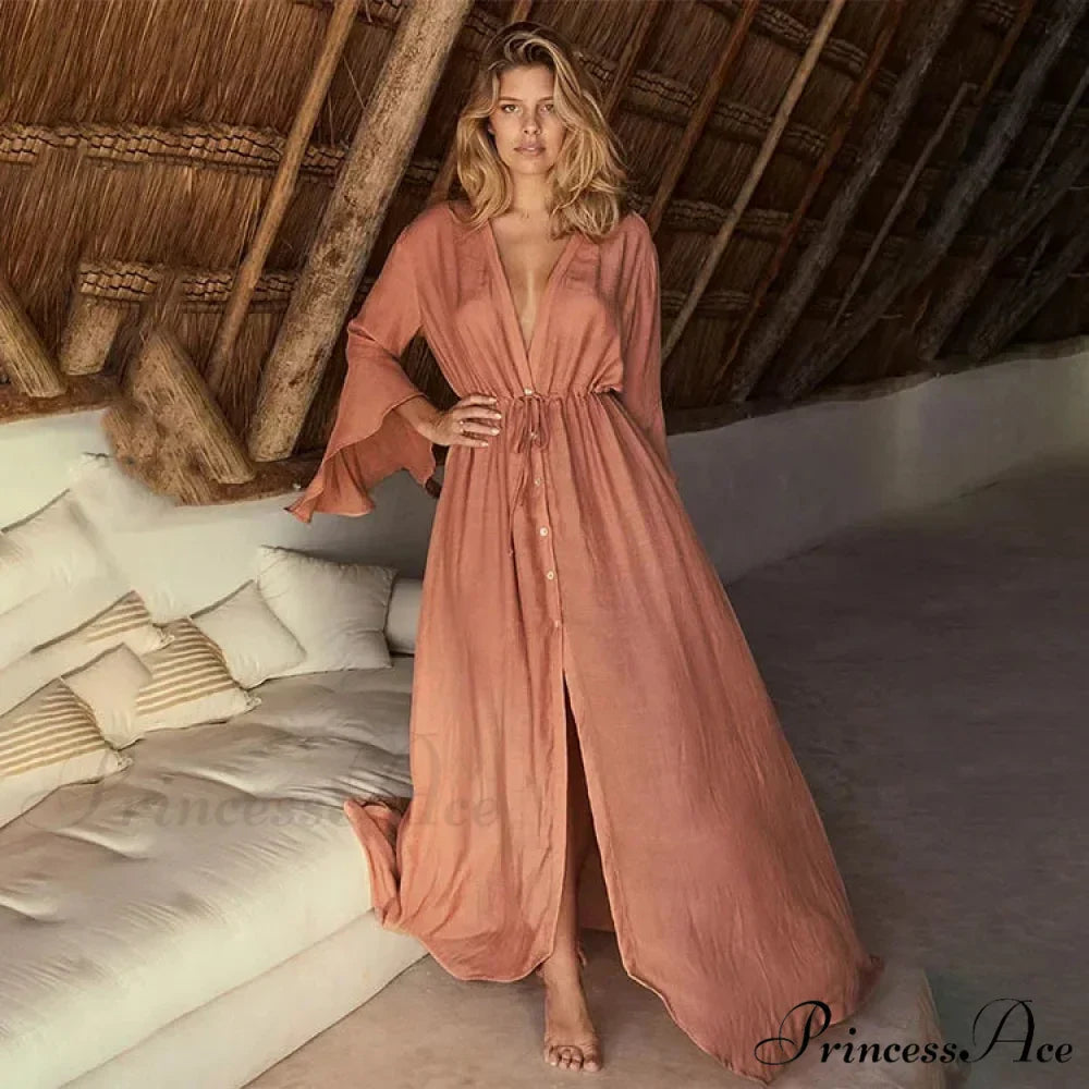 Flare Sleeve Ivory Plunging Neckline Boho Bikini Cover up
