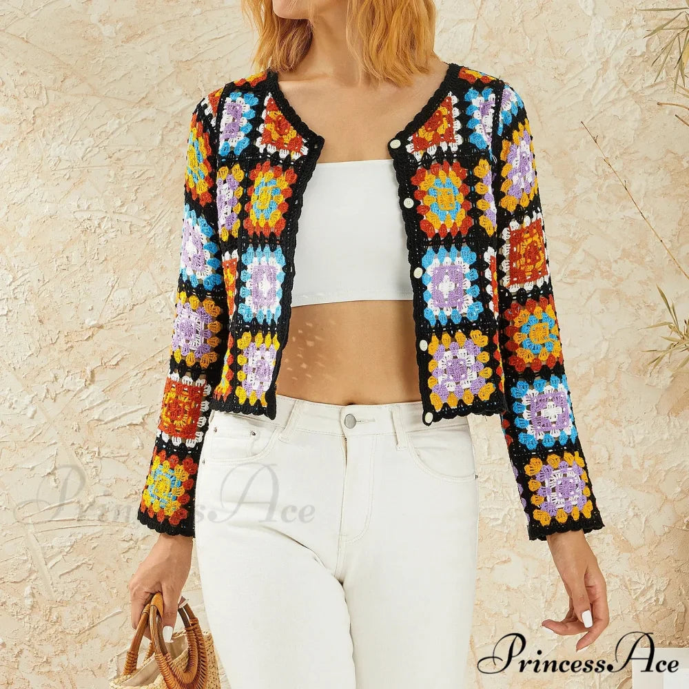 Floral Button-Up Boho Long Sleeve Knitted Cardigan