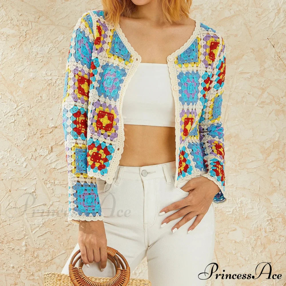 Floral Button-Up Boho Long Sleeve Knitted Cardigan