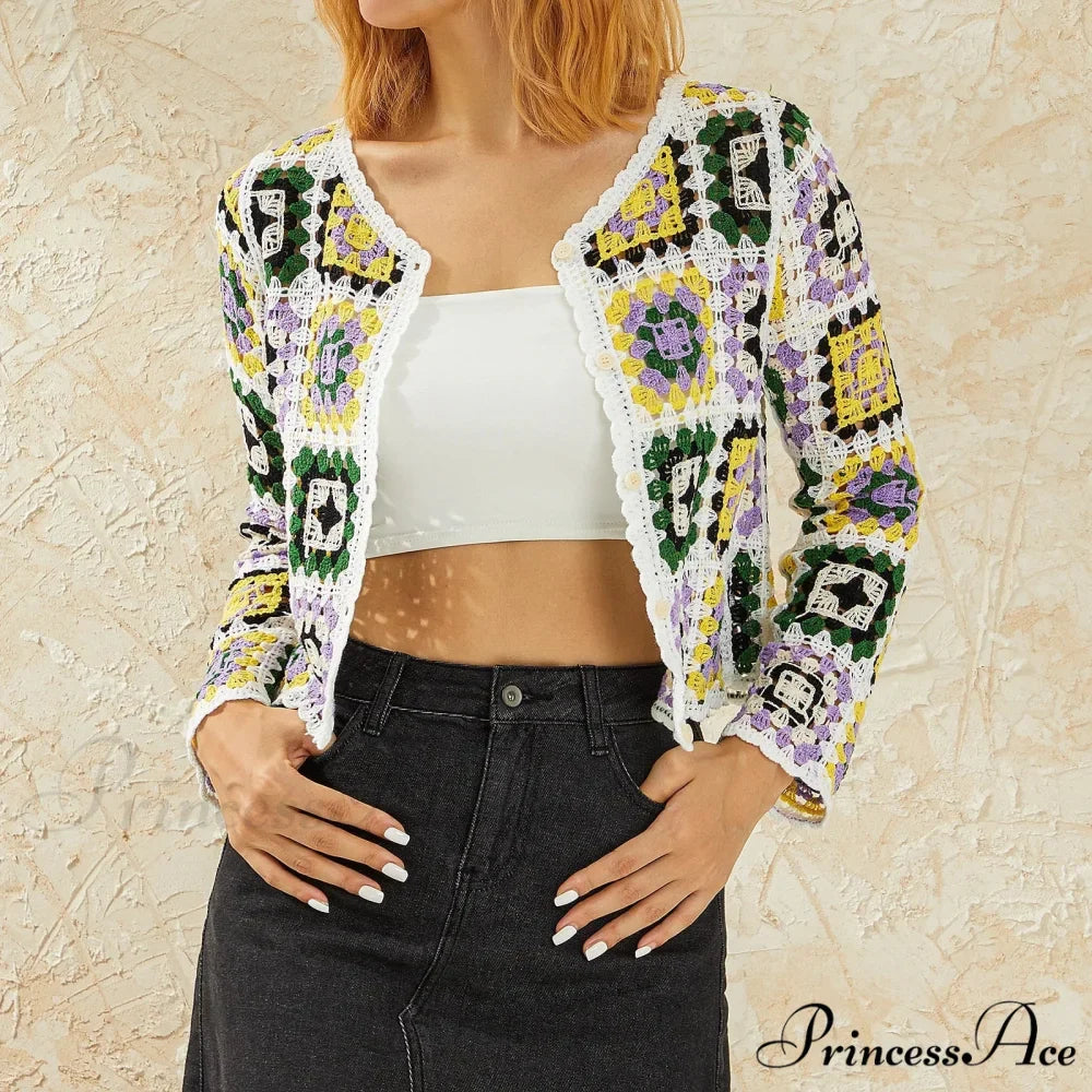 Floral Button-Up Boho Long Sleeve Knitted Cardigan